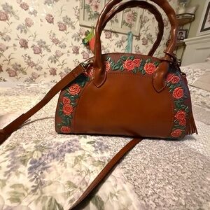 Patricia Nash Brown Shoulder Bag with Red Floral Embroidery